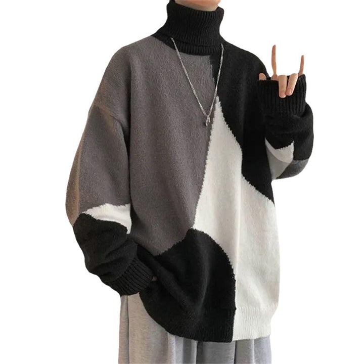Herren Grobstrickpullover mit hohem Kragen und modernen Farbblocks Aliams