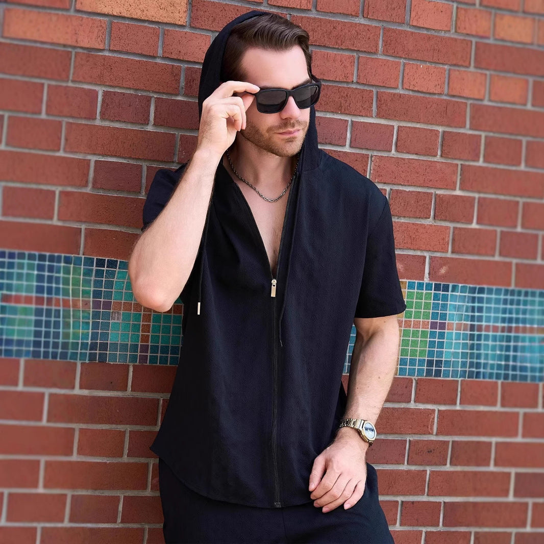 Herren Atmungsaktives Hoodie-Shirt mit kurzem Arm und durchgehendem Reißverschluss Aliams