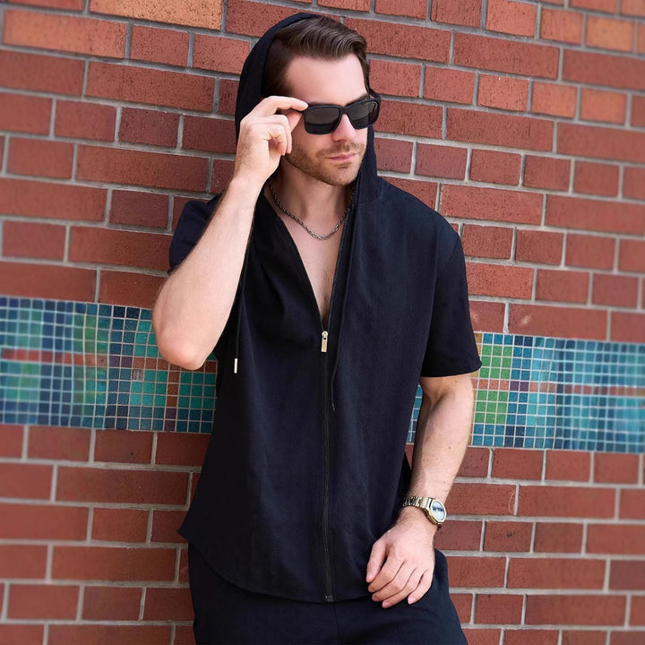 Herren Atmungsaktives Hoodie-Shirt mit kurzem Arm und durchgehendem Reißverschluss Aliams