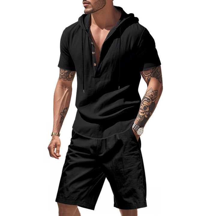 Herren Freizeit-Langarm-Hoodie mit Knopfleiste und Shorts Aliams