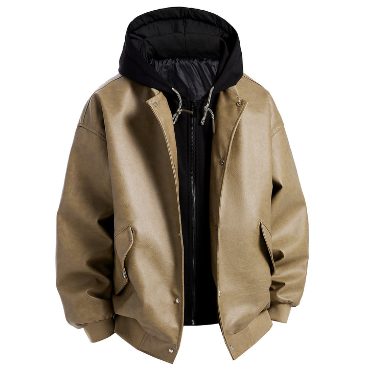 Herren Kunstlederjacke im oversized Schnitt mit abnehmbarer Kapuze Aliams