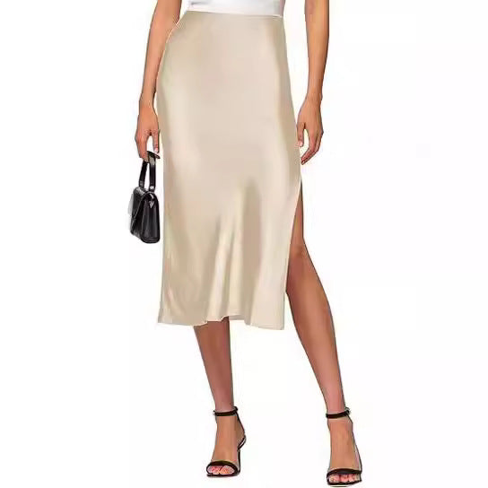Damen Satin-Midirock mit hohem Schlitz Aliams