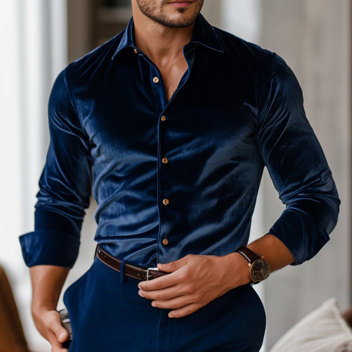 Herren elegantes Samt-Hemd mit feinen Details Aliams