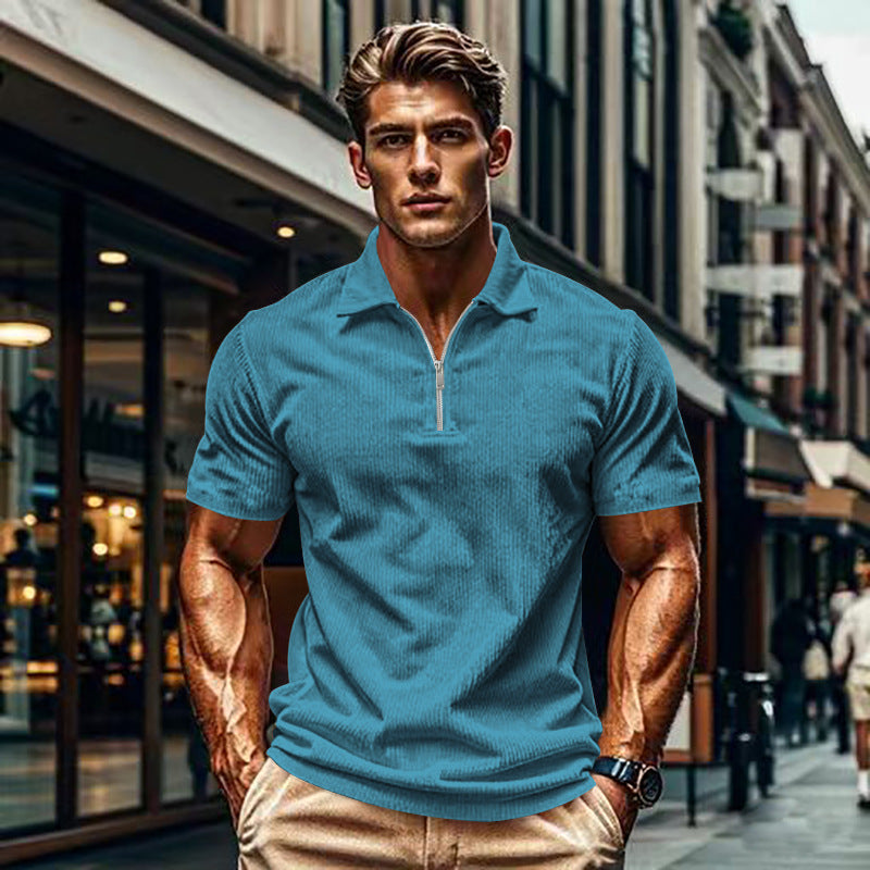 Herren Kurzarm-Polohemd mit modernem Reißverschluss und strukturierter Oberfläche Aliams