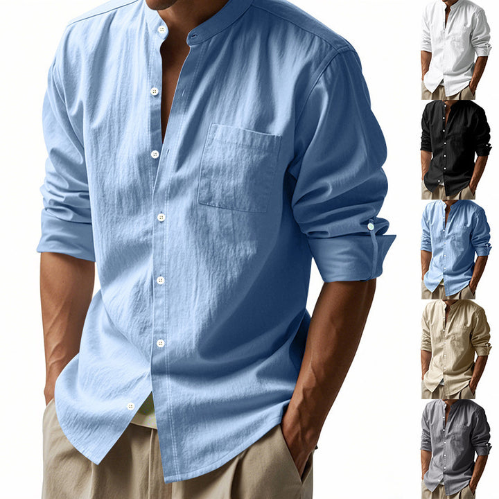 Herren elegantes Langarmhemd mit Stehkragen und praktischer Brusttasche Aliams