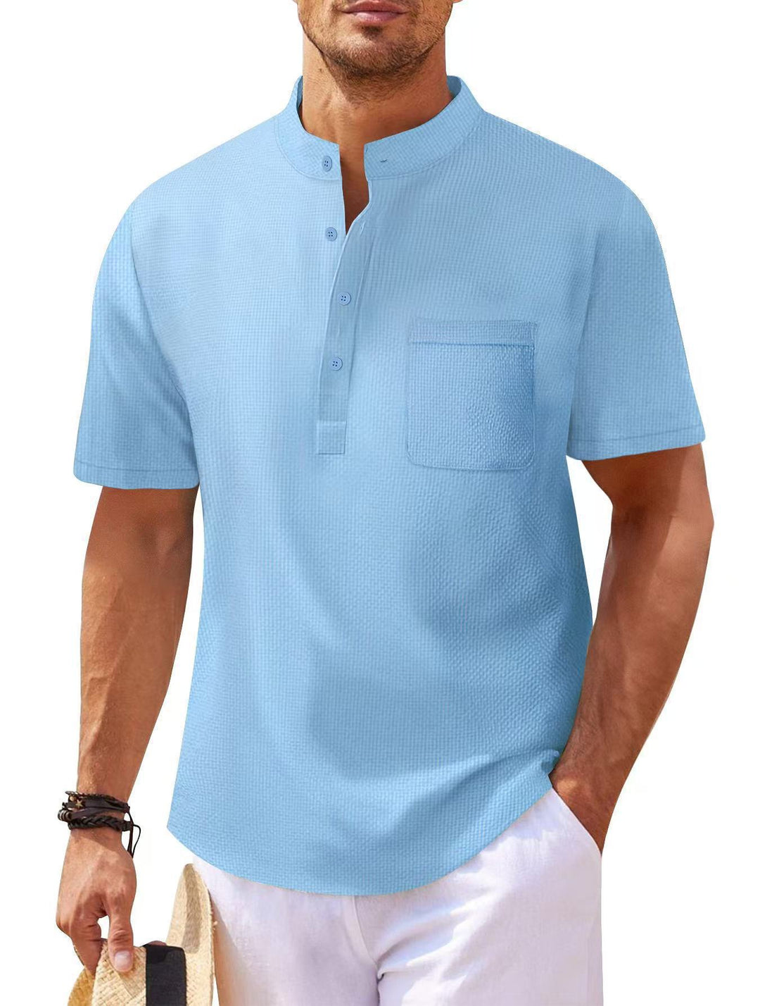 Herren Kurzarm-Henley-Shirt mit strukturiertem Design und praktischer Brusttasche Aliams