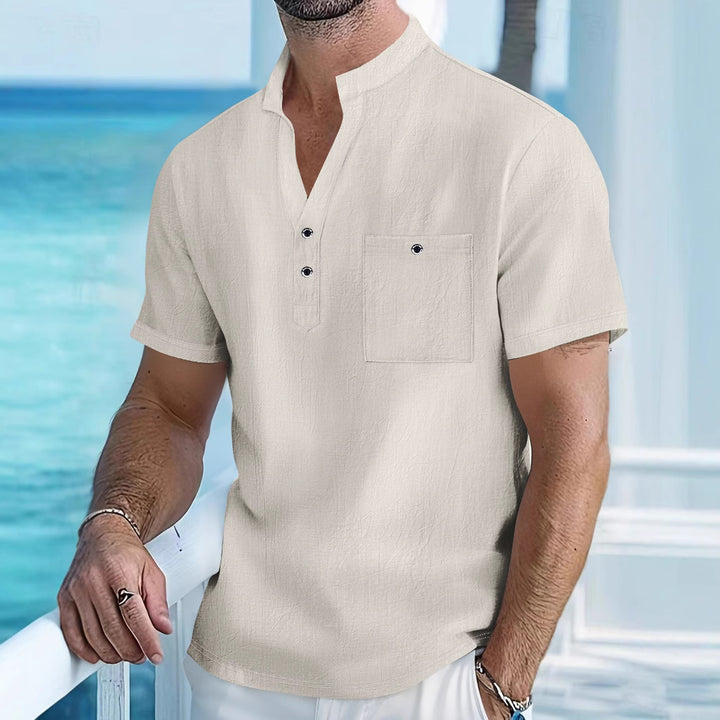 Herren Kurzarm-Hemd mit modischem Henley-Ausschnitt und Brusttasche Aliams