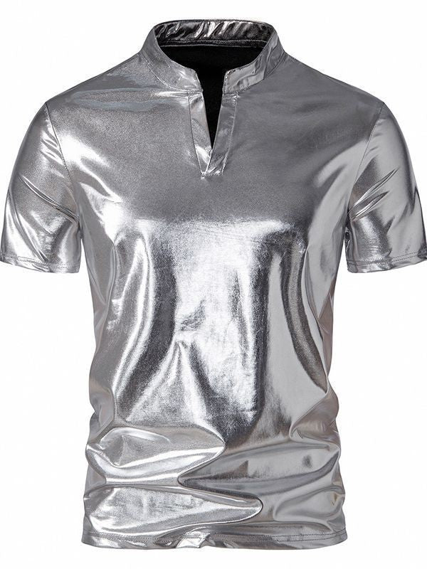 Herren glänzendes Kurzarmhemd im modernen Stehkragen-Design Aliams