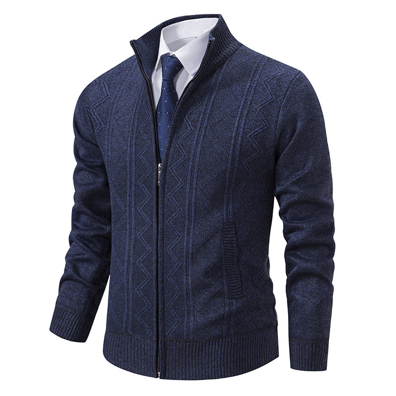 Herren elegante Strickjacke mit strukturiertem Zopfmuster und hohem Kragen Aliams