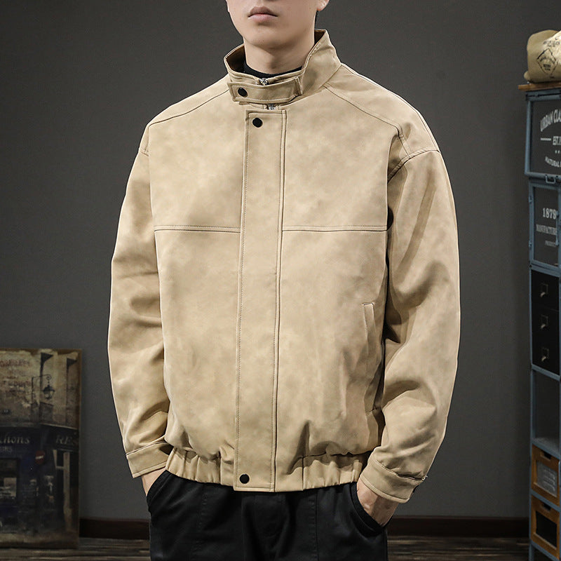 Herren stylische Kunstlederjacke mit hochgeschlossenem Kragen und praktischen Taschen Aliams