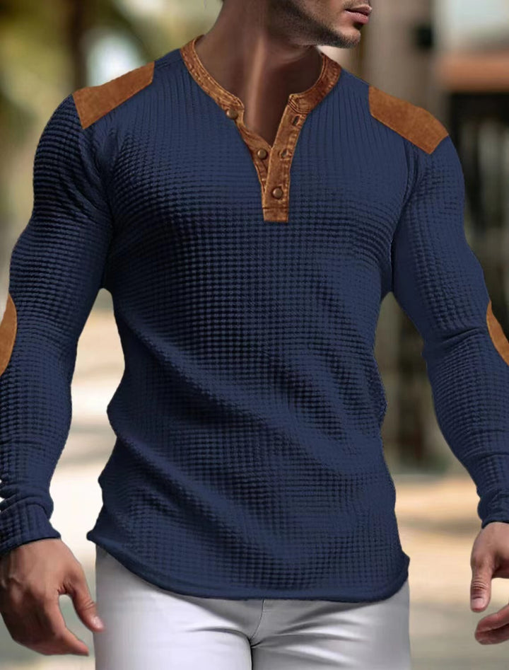 Herren strukturiertes Langarmshirt mit modischen Lederapplikationen Aliams