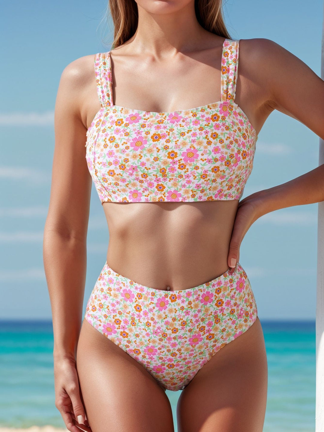 Damen Hochgeschnittener Bikini mit Blumenmuster und Breiten Trägern Aliams