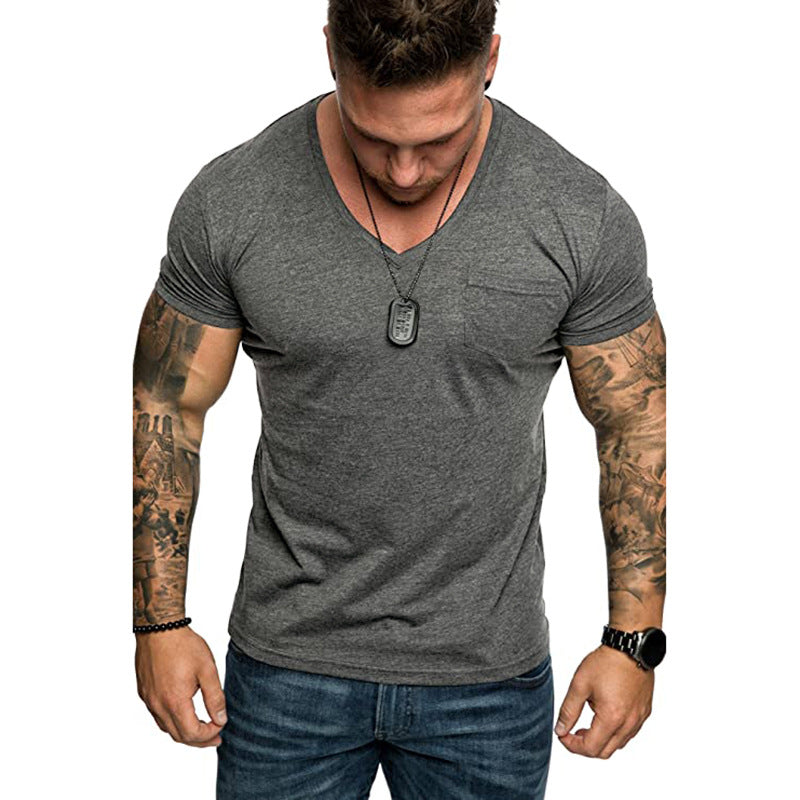 Herren V-Ausschnitt T-Shirt aus weicher Baumwolle mit Brusttasche Aliams