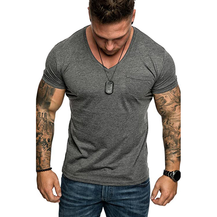 Herren V-Ausschnitt T-Shirt aus weicher Baumwolle mit Brusttasche Aliams