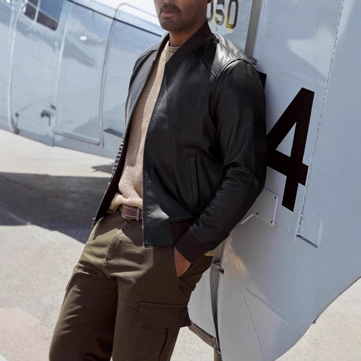 Herren klassische Lederjacke im Biker-Stil mit elastischem Bund Aliams