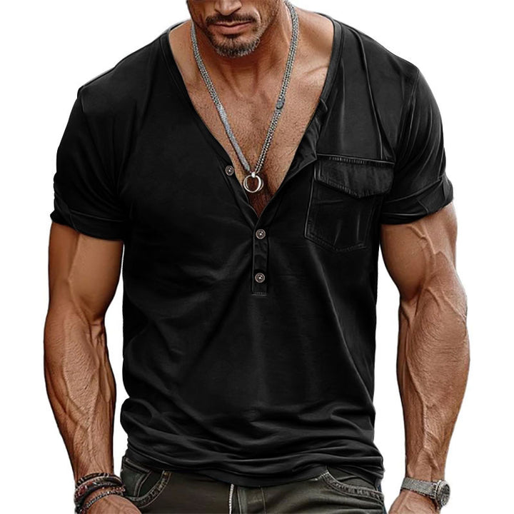 Herren Kurzarm-Henley-T-Shirt mit dekorativer Brusttasche und modernem Schnitt Aliams