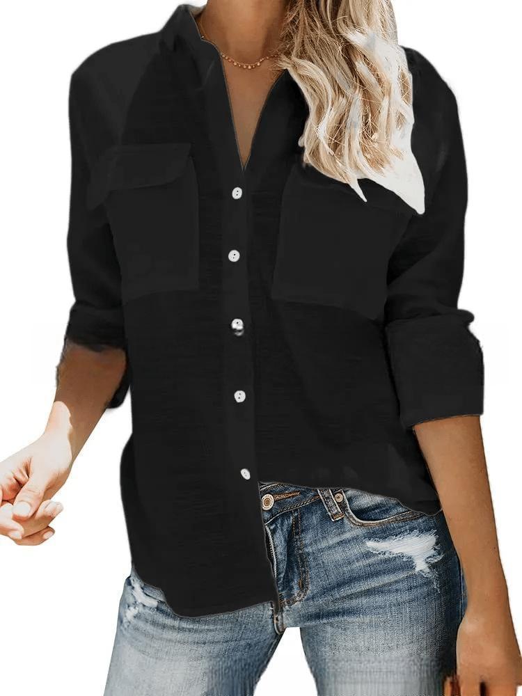 Damen leichte Sommerbluse mit zwei Brusttaschen und aufgerollten Ärmeln Aliams