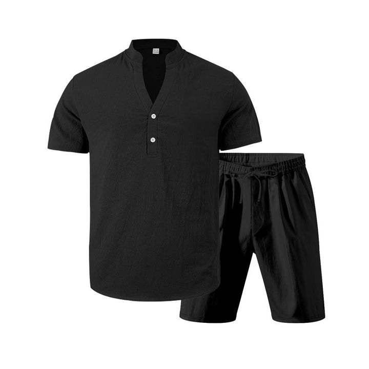 Herren elegantes Kurzarm-Set mit innovativer Knopfleiste und bequemen Hosen Aliams