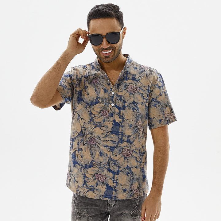 Herren Kurzarm-Hemd mit floralem Muster und modischem Stehkragen Aliams