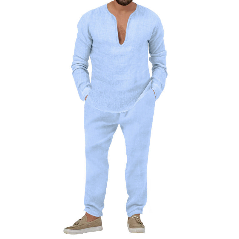 Herren Elegantes Leinen-Loungewear-Set mit Stehkragen Aliams