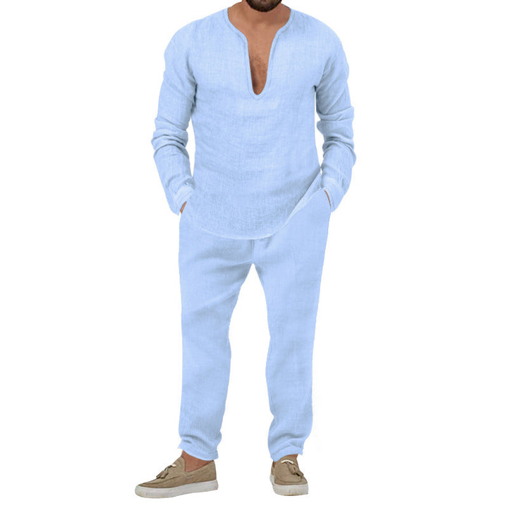 Herren Elegantes Leinen-Loungewear-Set mit Stehkragen Aliams
