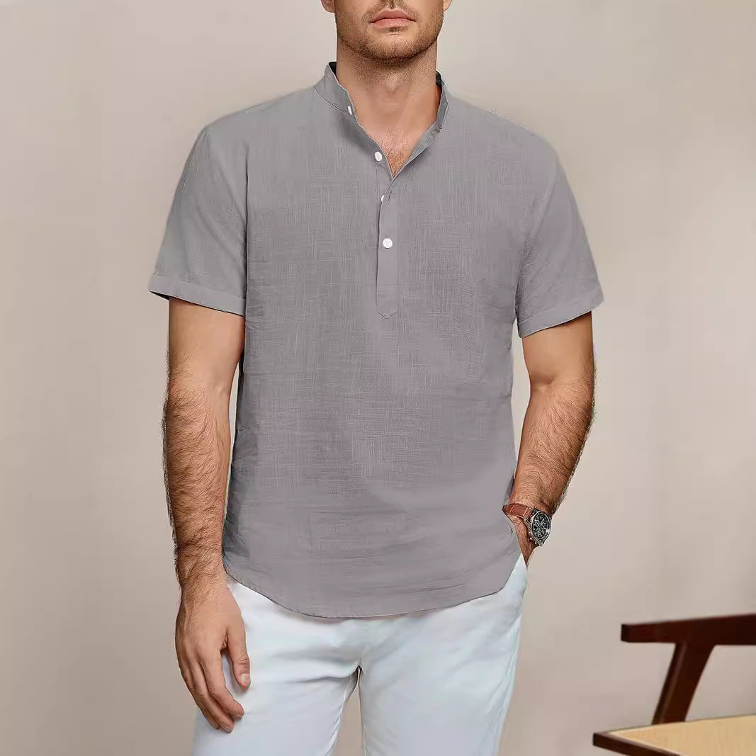 Herren Kurzarm Leinenhemd mit Stehkragen Aliams