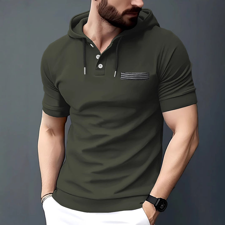 Stylisches Herren Polo mit kurzem Arm und Kapuze mit Kontrasttasche Aliams