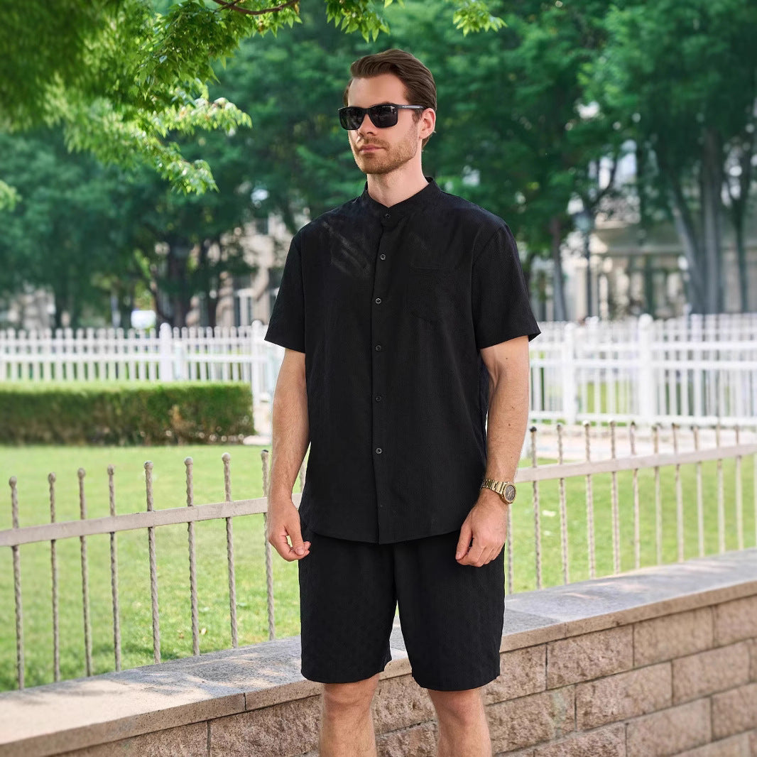 Herren Kurzarm-Hemd und Shorts Set mit modernem Stehkragen und atmungsaktiver Struktur Aliams