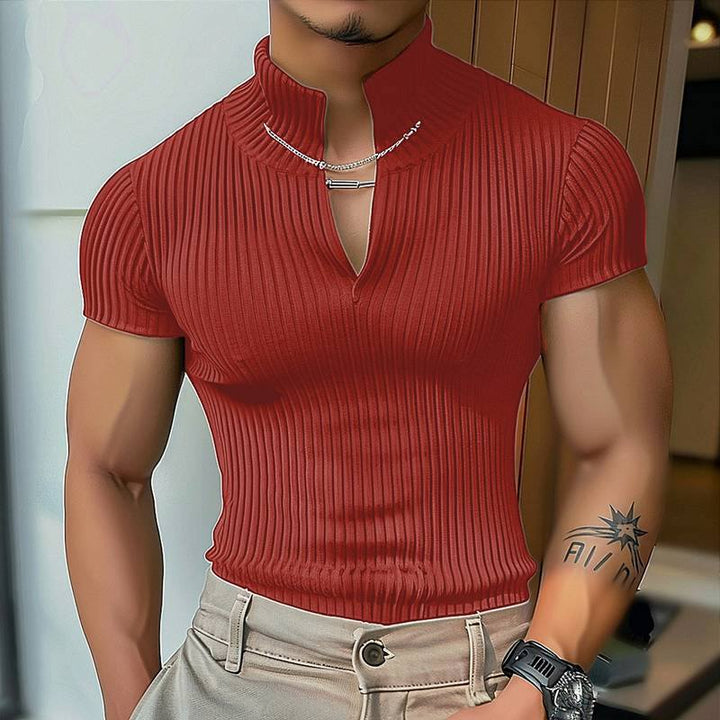 Damen Kurzarm Hemd mit V-Ausschnitt und strukturiertem Rippenmuster Aliams