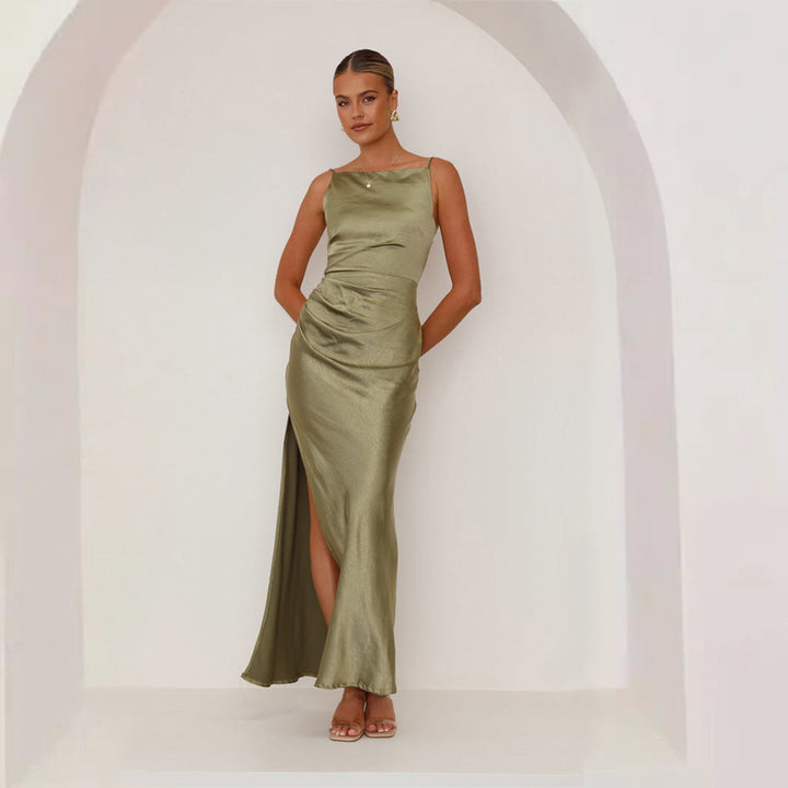 Damen Maxikleid mit Elegantem Satin-Finish und Hoch Geschnittenem Schlitz Aliams