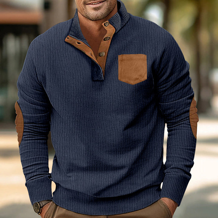 Herren eleganter Strickpullover mit Knopfleiste und kontrastierenden Ellbogenpatches Aliams