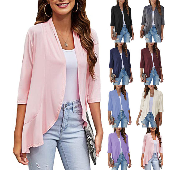 Damen Leichte Chiffonjacke mit Offenen Fronten und 3/4-Ärmeln Aliams