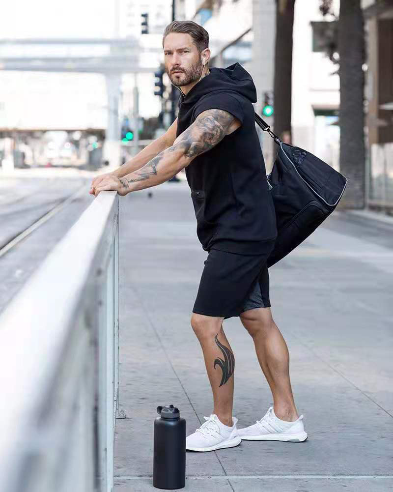 Herren Kapuzen-T-Shirt mit Ärmelloses Design und praktischer Fronttasche Aliams