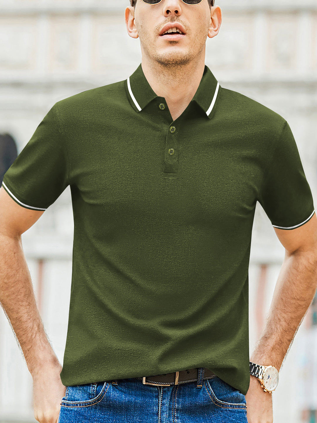 Herren Kurzarm-Polohemd mit modernem Bicolor-Kragen und atmungsaktiver Baumwollqualität Aliams