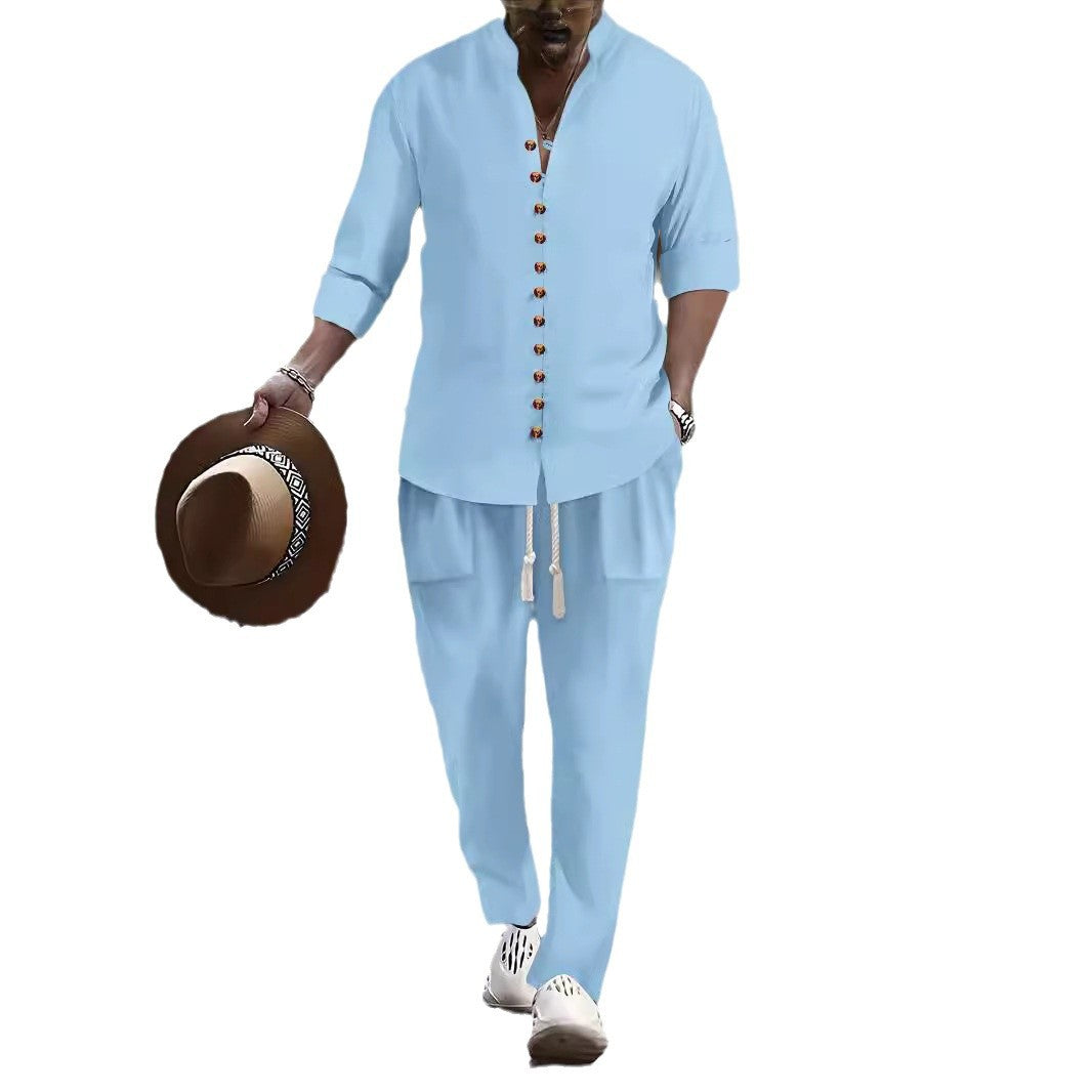 Herren Freizeit-Button-Up-Hemd und entspannt geschnittene Hose Set Aliams