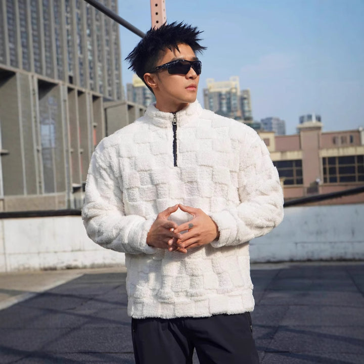 Herren Fleece-Pullover mit strukturierter Oberflächenstruktur und stehender Kragen Aliams