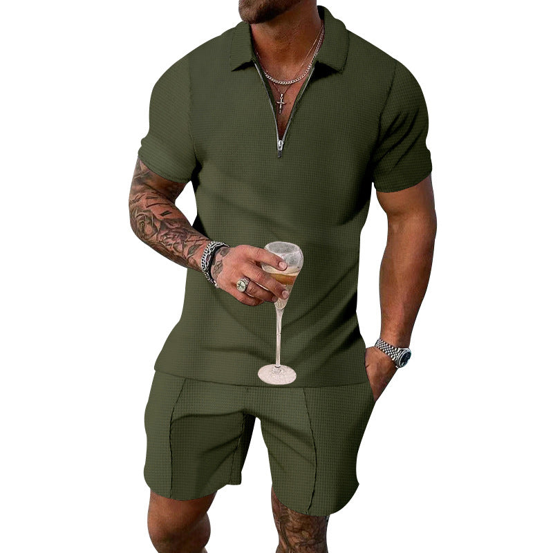 Herren Kurzarm Poloshirt mit Zipper und lässigen Shorts Aliams