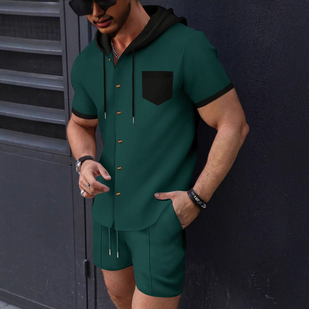 Herren Funktionales Kurzarm-Hemd mit Kapuze und Shorts Set Aliams