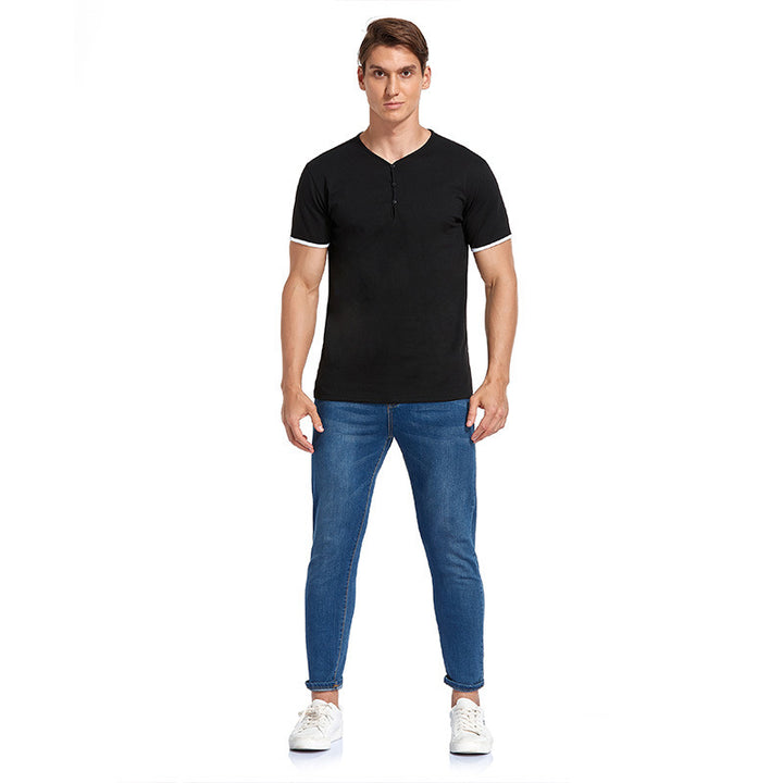 Herren Kurzarm Henley-T-Shirt mit modischem Stehkragen und detailreicher Knopfleiste Aliams