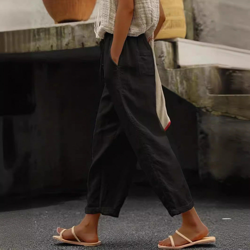 Damen lässige Leinenhose mit elastischem Bund und seitlichen Taschen Aliams