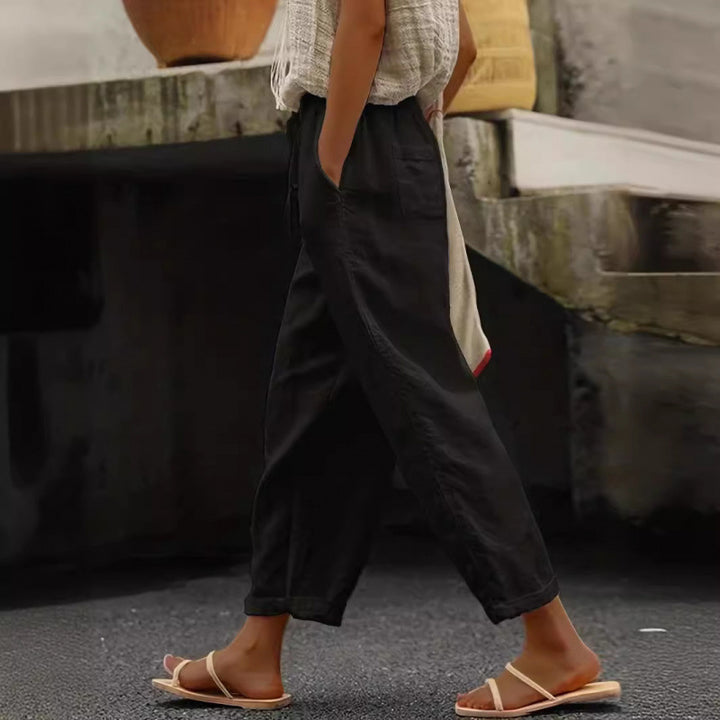Damen lässige Leinenhose mit elastischem Bund und seitlichen Taschen Aliams
