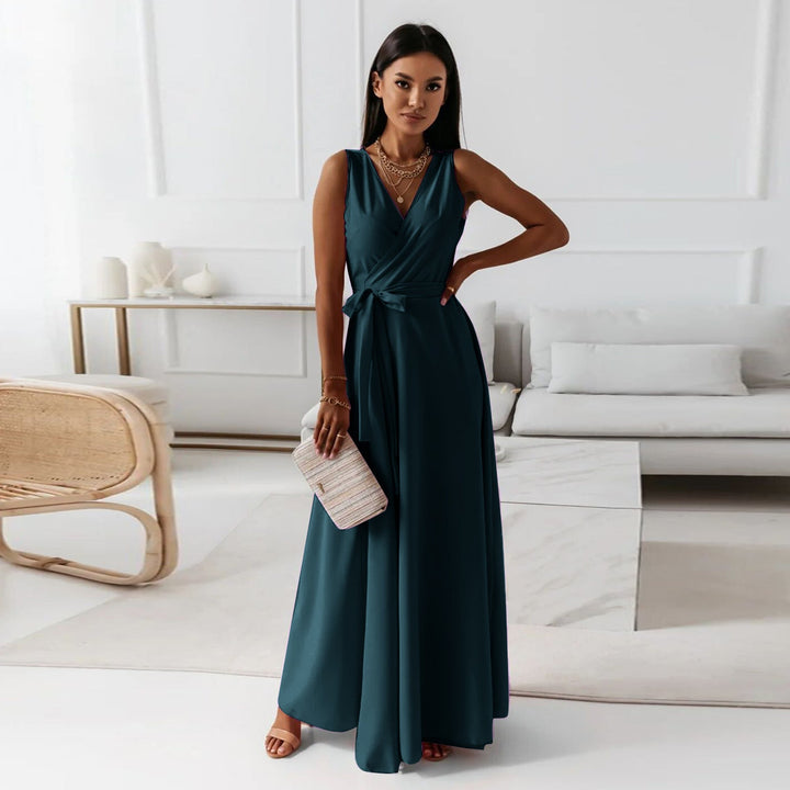 Aliams | Damen Einfarbig V-Ausschnitt Langes Kleid