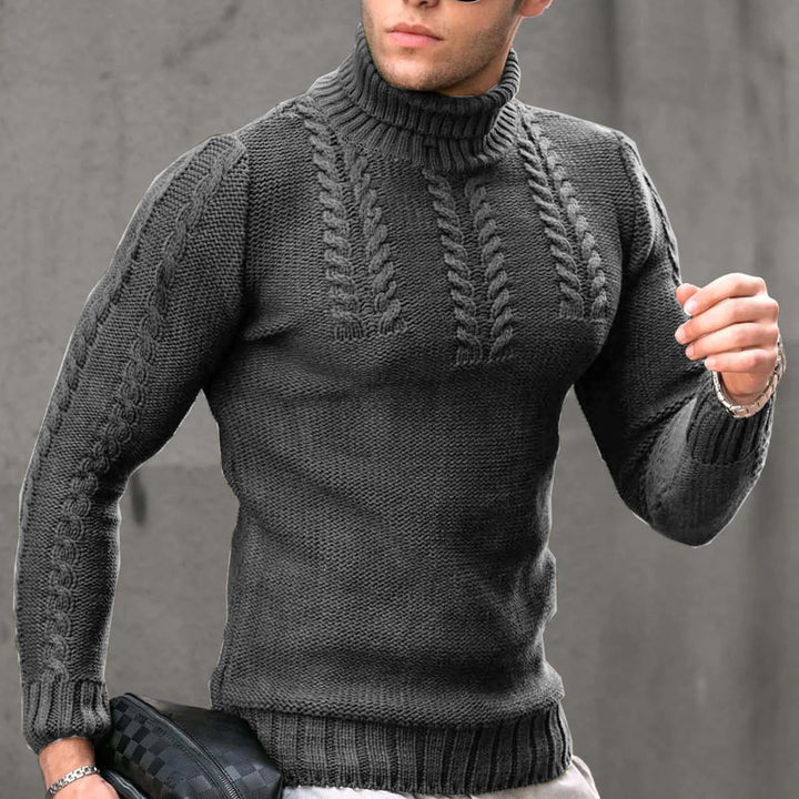 Herren gehobener Strickpullover mit hohen Kragen und detailreichen Zopfmuster Aliams