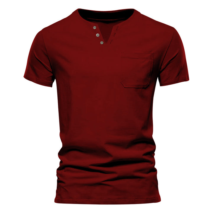 Herren Kurzarm-Henley-T-Shirt mit praktischer Brusttasche und anpassbarem Knopfverschluss Aliams