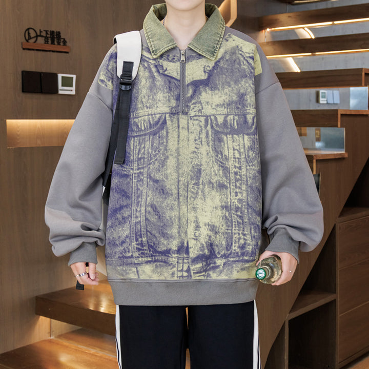 Unisex Oversized Sweatshirt mit blauem Denim-Design und Stehkragen Aliams