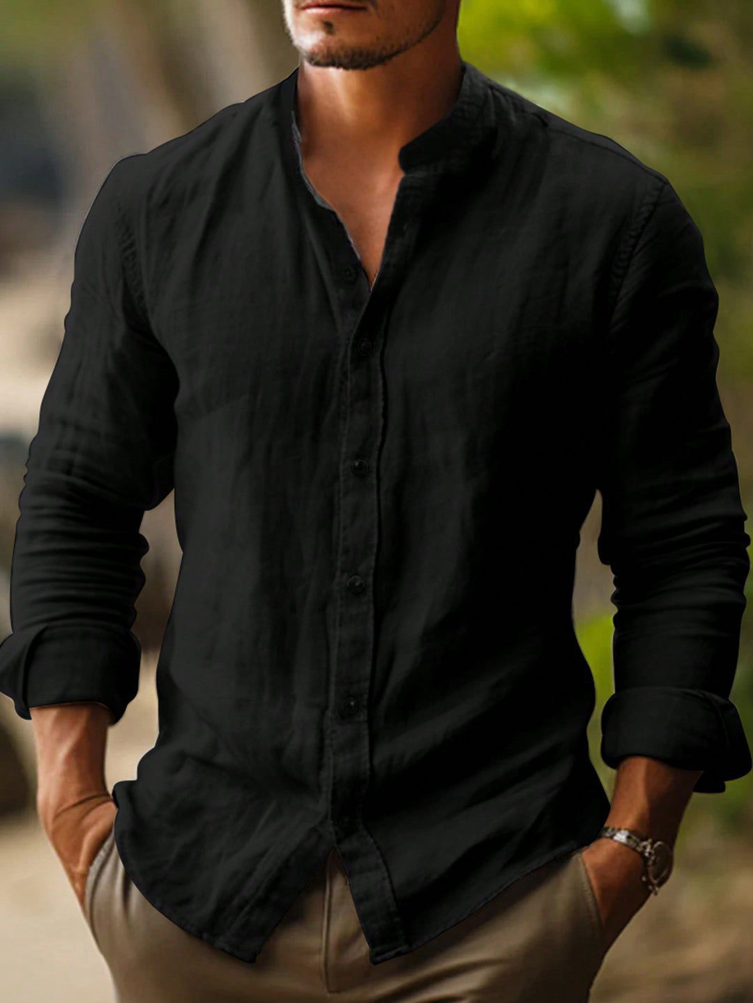 Herren leichtes Leinenhemd mit modernem Stehkragen Aliams