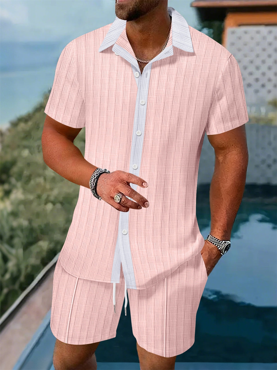 Herren Freizeit Hemd mit Knopfleiste und Shorts Set Aliams