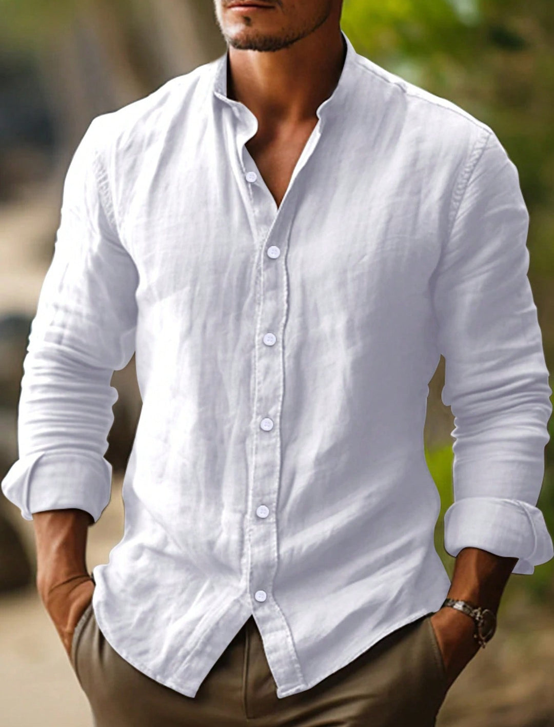 Herren leichtes Leinenhemd mit modernem Stehkragen Aliams