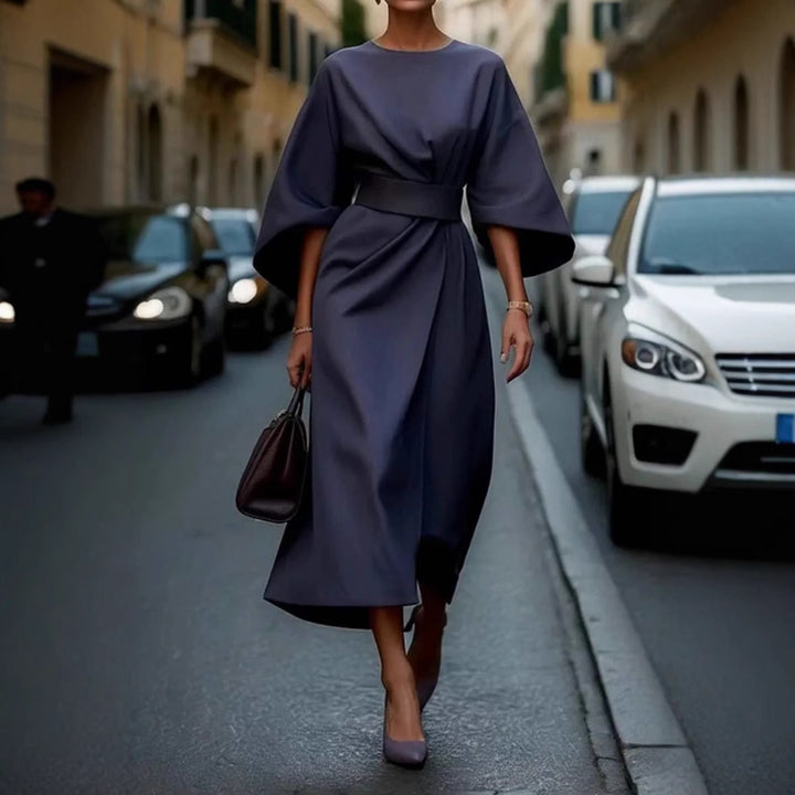 Damen Elegant geschnittenes Maxikleid mit Puffärmeln und tailliertem Gürtel Aliams