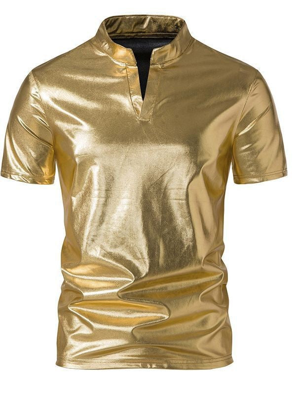 Herren glänzendes Kurzarmhemd im modernen Stehkragen-Design Aliams